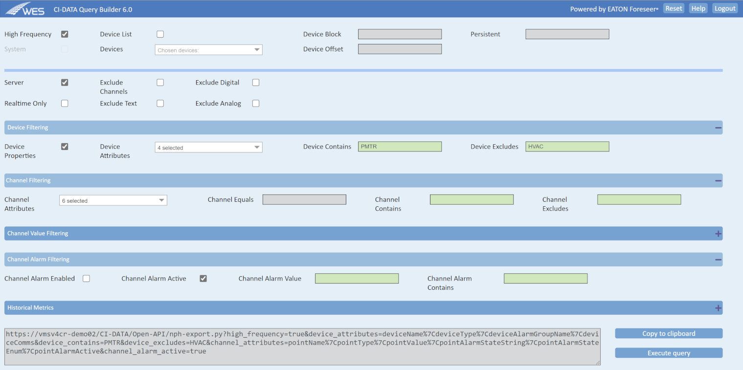 WES CI-DATA Query Builder. Shows User Interface and query construction.